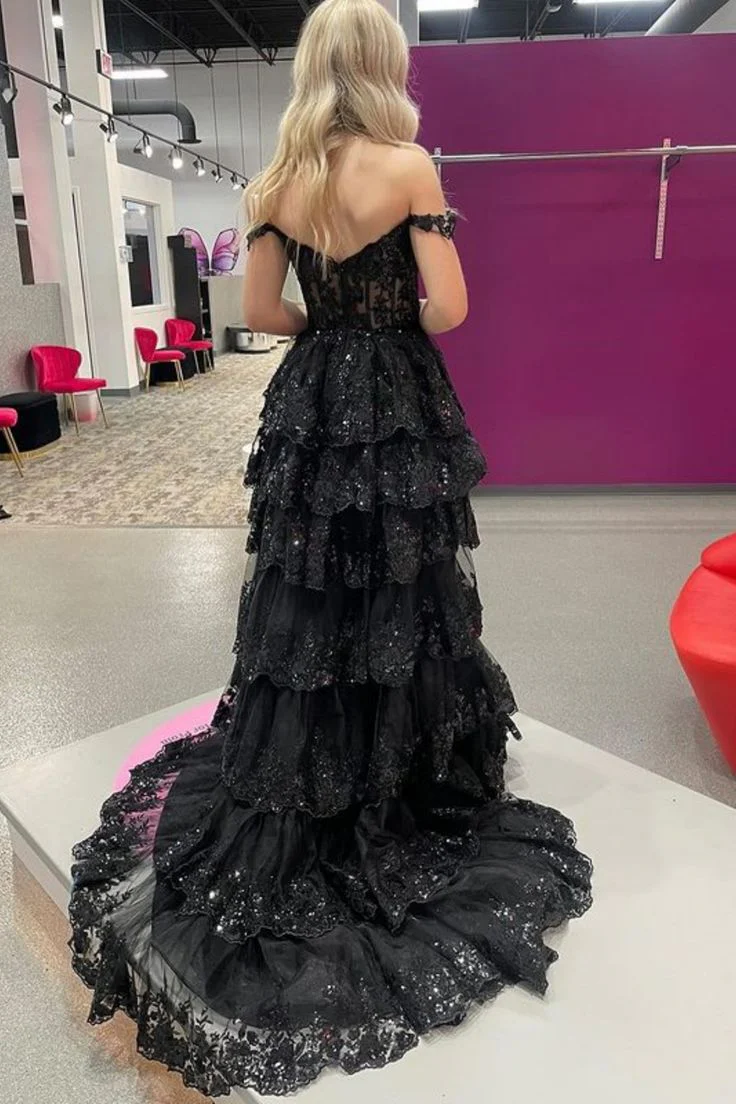 Off The Shoulder Black Tiered Long Prom Dress SP824