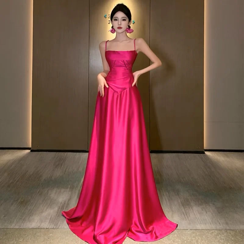 A Line Satin Rose Red Long Prom Dress Formal Party Dress SP409