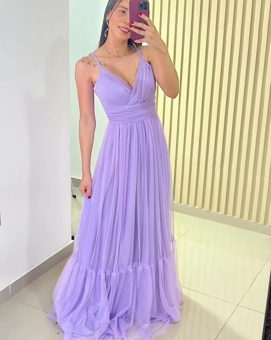 Spaghetti Straps  V Neck Light Purple A Line Tulle Prom Dress SP183