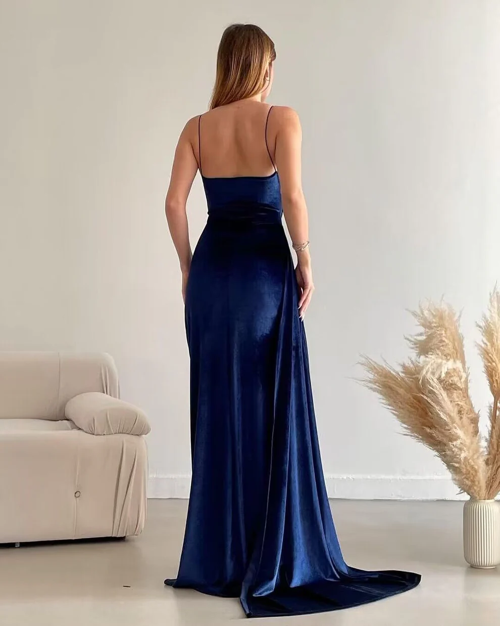 Spaghetti Straps Backless Sheath Royal Blue Velvet Long Prom Dresses With Slit SP293