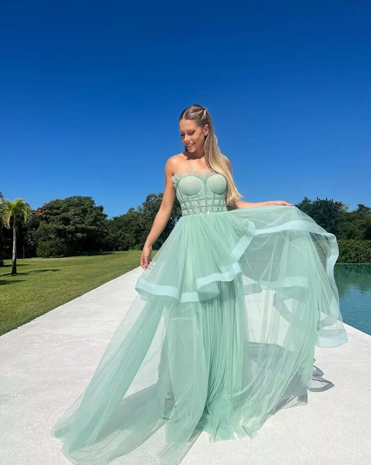 Strapless A Line Evening Dress Green Tulle Long Prom Dresses SP207