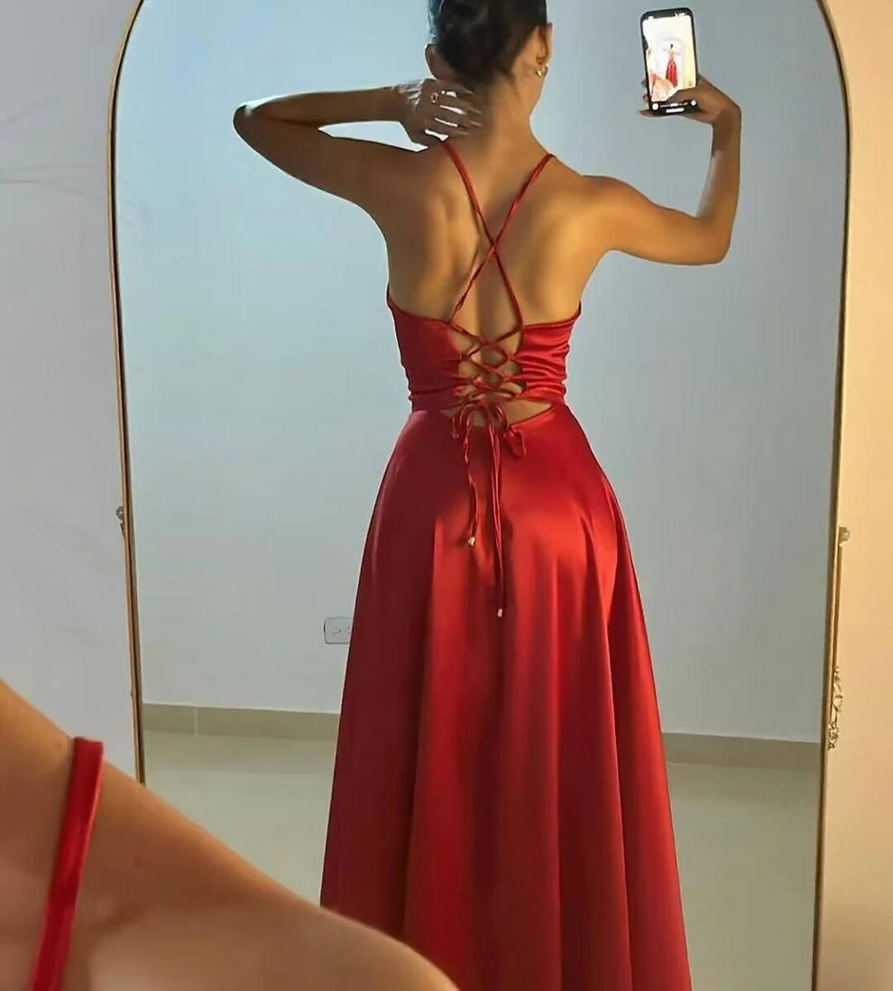 Red A Line Satin Long Prom Dress Formal Party Dress With Slit SP176