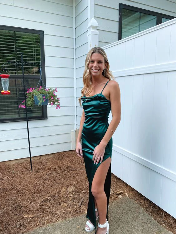 Spaghetti Straps Green Sheath Long Prom Dresses With Slit SP444