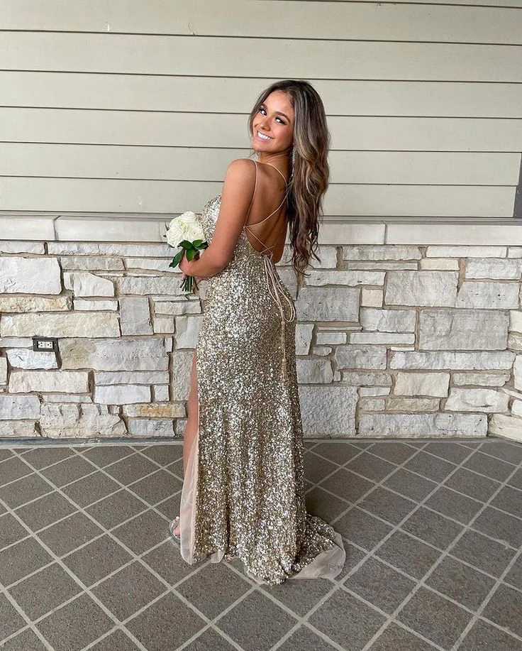 Spaghetti Straps Gold Sequins Mermaid Long Prom Dresses With Slit SP457