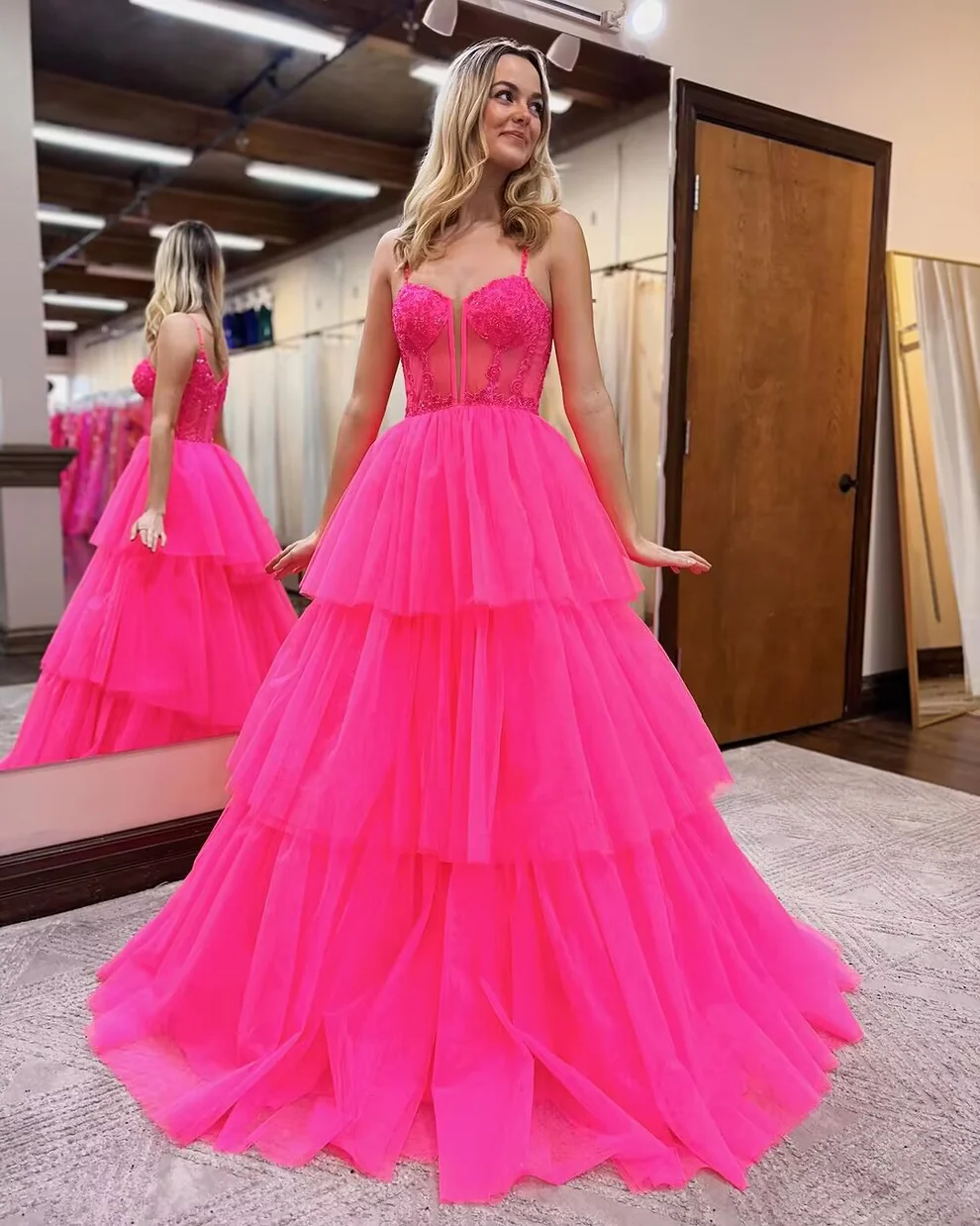 Spaghetti Straps A Line Hot Pink Tulle Prom Dress Birthday Party Gown SP146