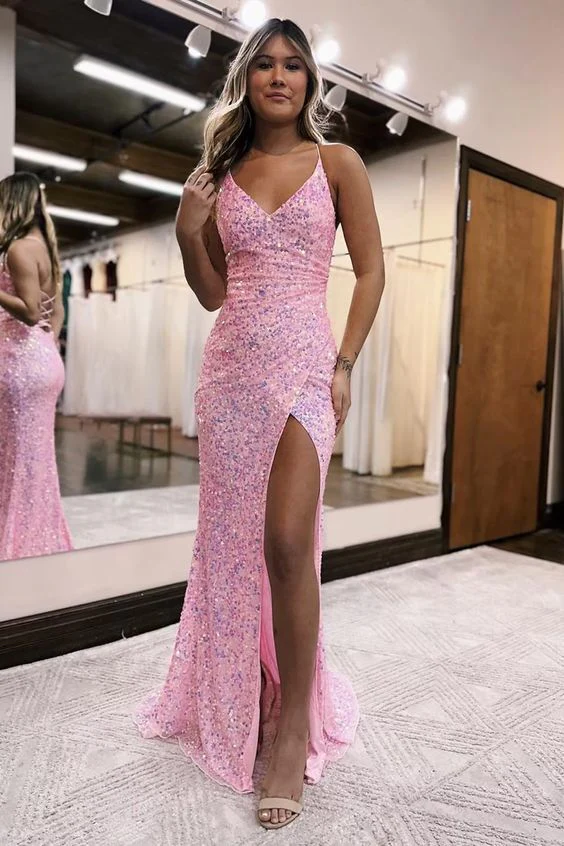 Spaghetti Straps Pink Sequin V Neck Sheath Long Prom Dress With Slit SP448