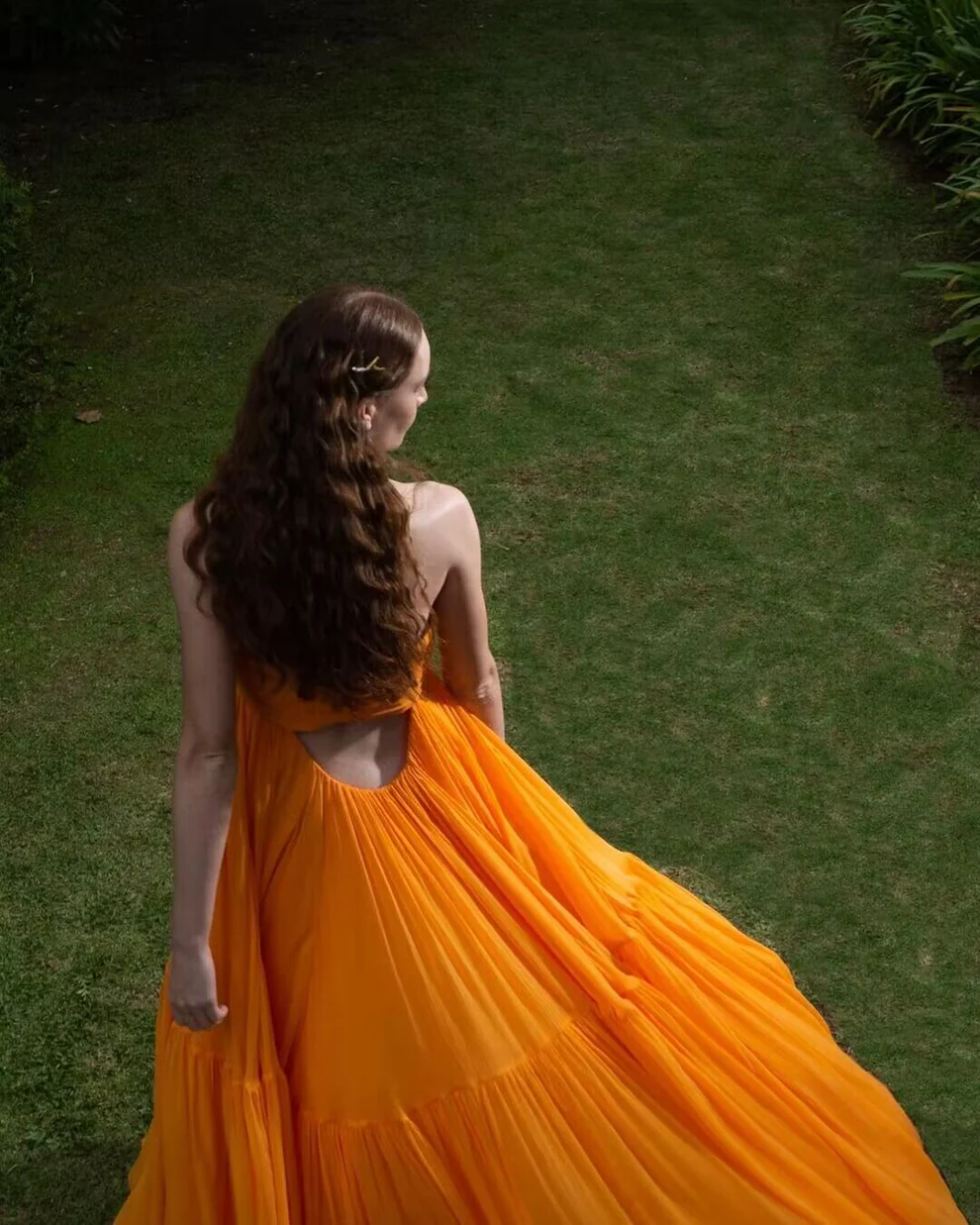 Strapless Orange Evening Dress Open Back A Line Long Prom Dresses SP274