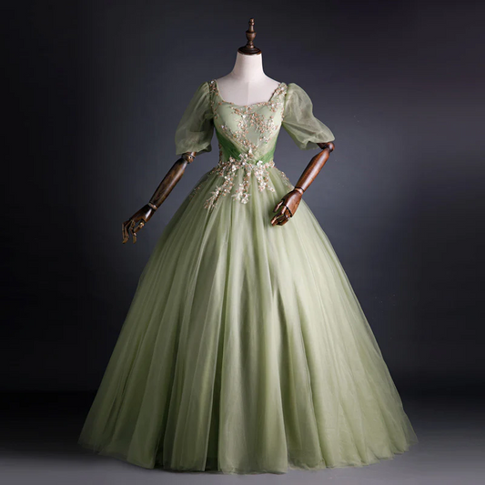 A Line Green Applique Prom Dress Sweet Tulle Birthday Party Dress SP566