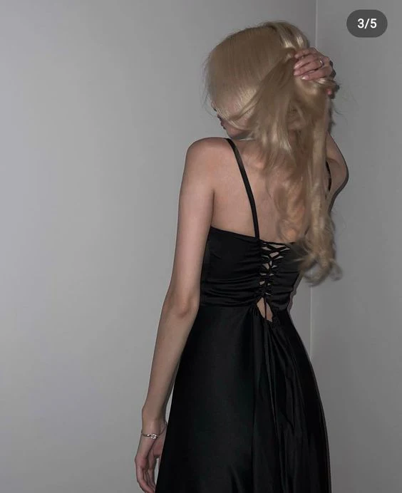 Spaghetti Straps A Line  Black Long Prom Dress With Slit SP811