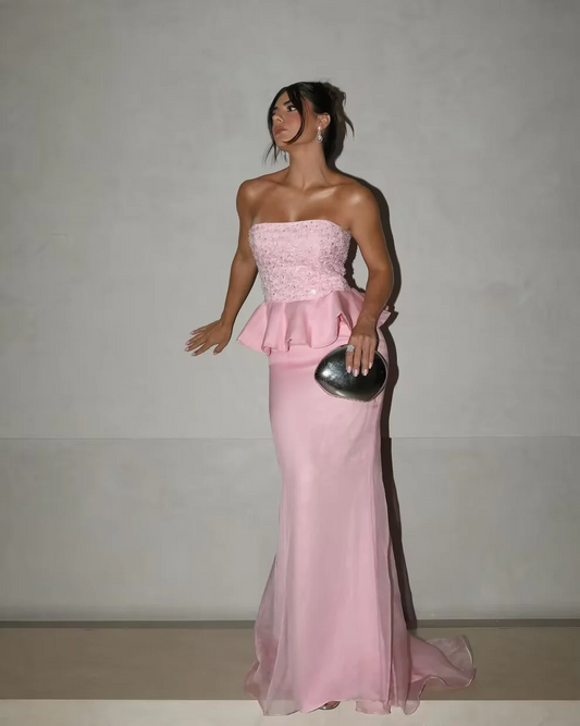 Strapless Pink Evening Dress Sheath Long Prom Dress SP224