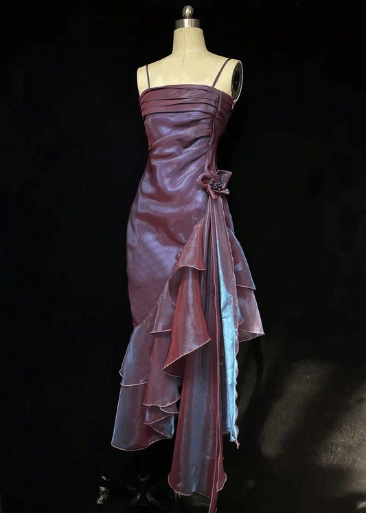 Vintage Spaghetti Straps Evening Dress Purple Mermaid Ruffled Prom Dress SP104