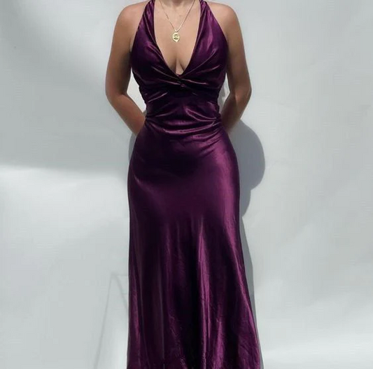 V Neck Open Back Purple Satin Sheath Long Prom Dresses SP359