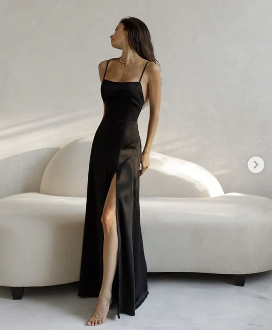 Spaghetti Straps Mermaid Black Long Prom Dress With Slit SP831