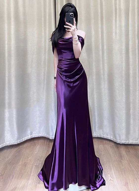Off The Shoulder Purple A Line Long Prom Dresses SP319