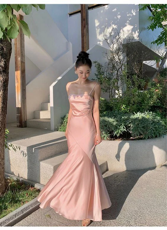 Spaghetti Straps Evening Dress Pink Mermaid Long Prom Dresses SP340