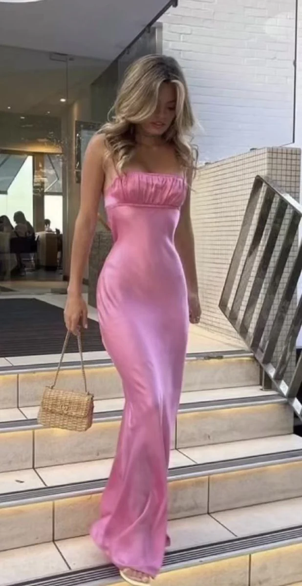Sapaghetti Straps Pink Long Prom Dress Sheath Evening Dress SP506