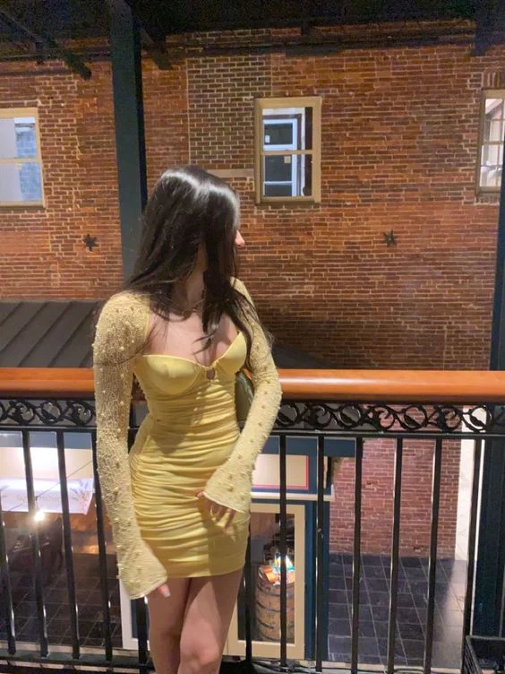 Yellow Long Sleeve Bodycon Party Dress Homecoming Dress SP706