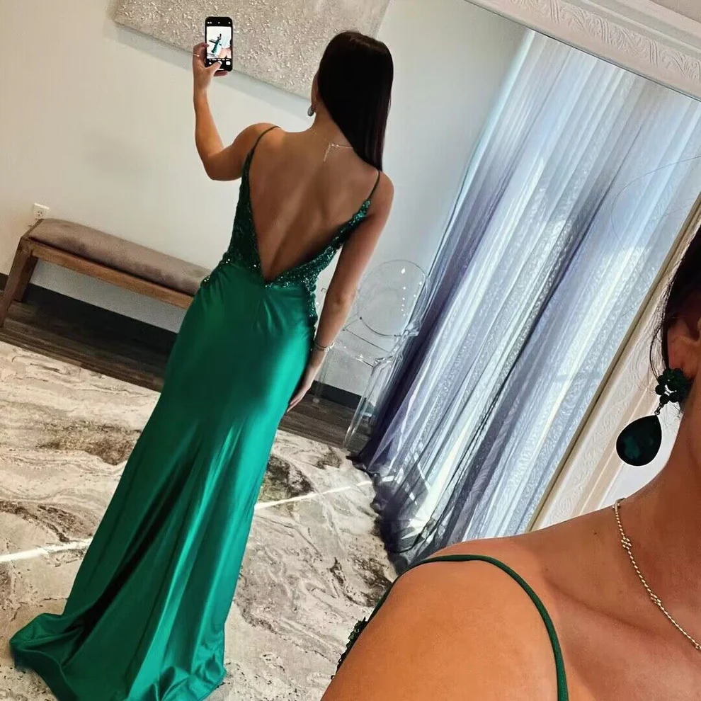 Spaghetti Straps Green Open Back Satin Long Mermaid Prom Dress With Applique SP214