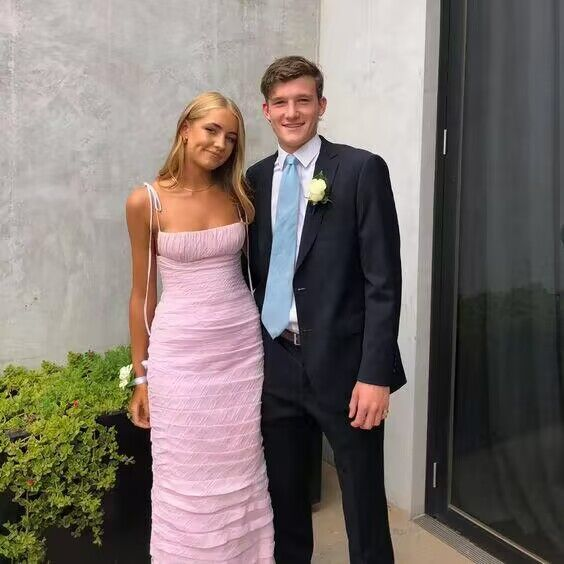 Spaghetti Straps Pink Sheath Long Prom Dress Birthday Party Dress SP96