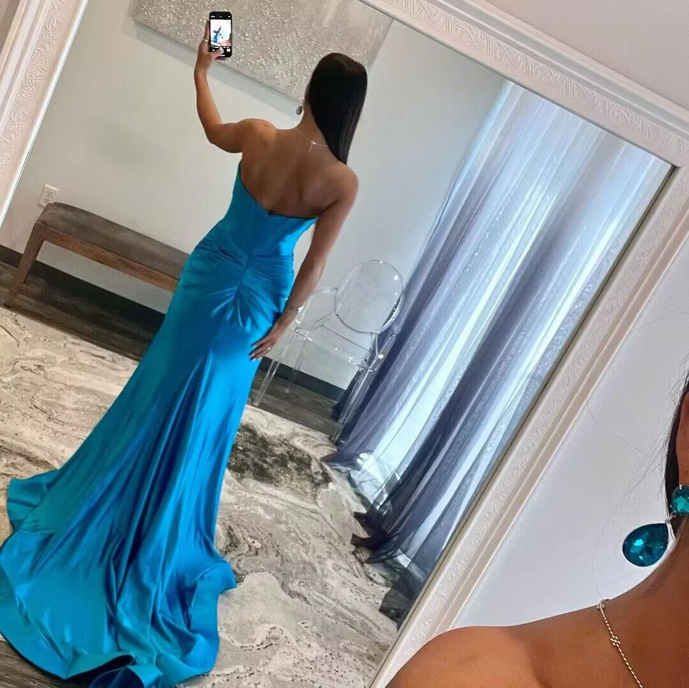 Strapless Blue Mermaid Backless Long Prom Dress With Slit SP168