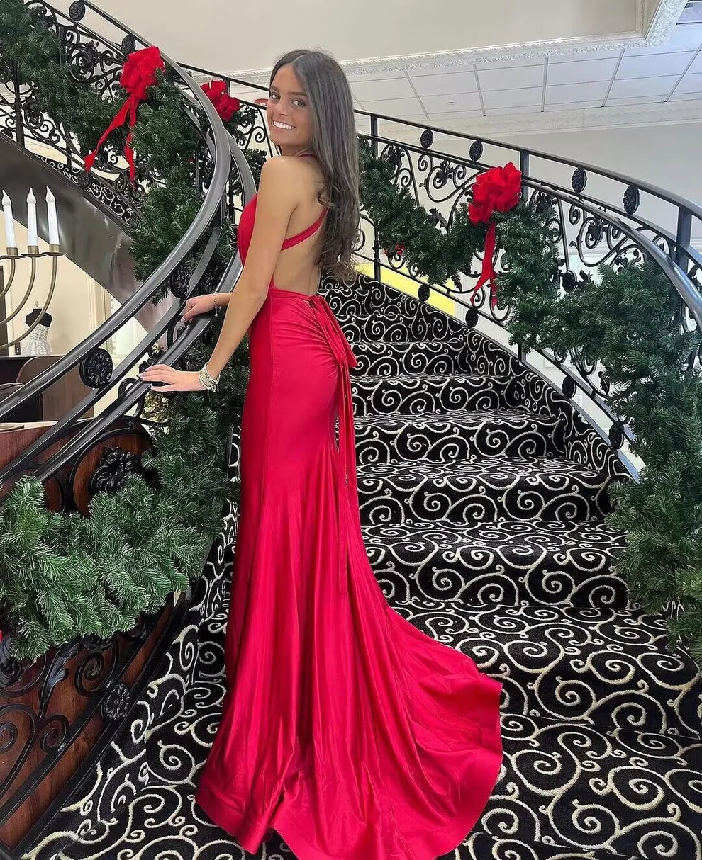 V Neck Mermaid Backless Red Long Prom Dresses SP170