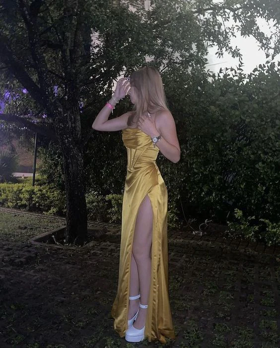 Yellow Mermaid Satin Evening Party Dress Long Prom Dresses With Slit SP475