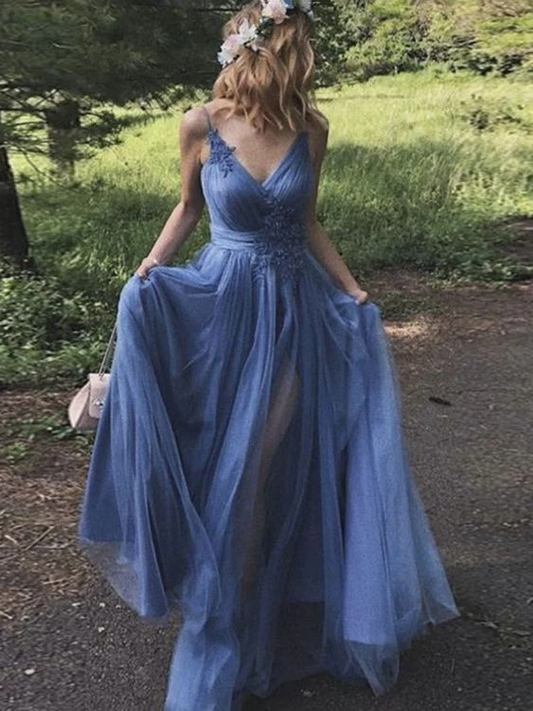 V Neck Blue Tulle Long Prom Dress Applique A Line Party Dress With Slit SP435