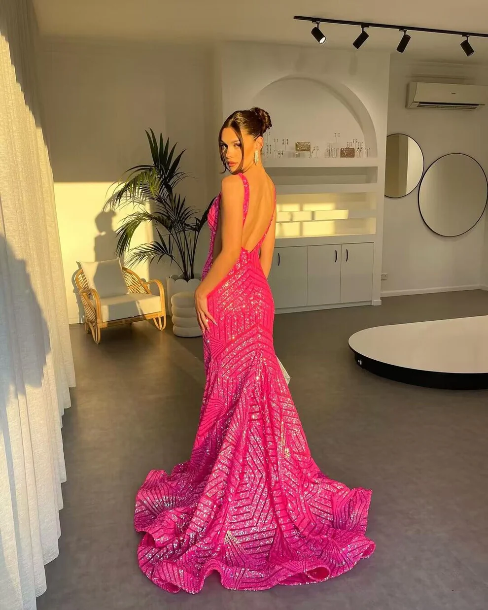 Deep V Neck Evening Dress Pink Sequin Mermaid Prom Dress SP225