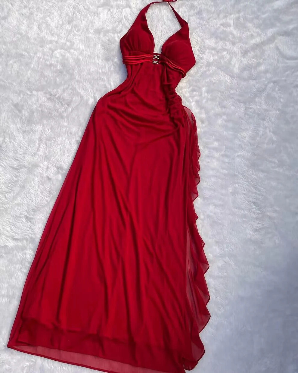 Halter Red A Line Long Prom Dresses Ruffled Evening Dresses SP287