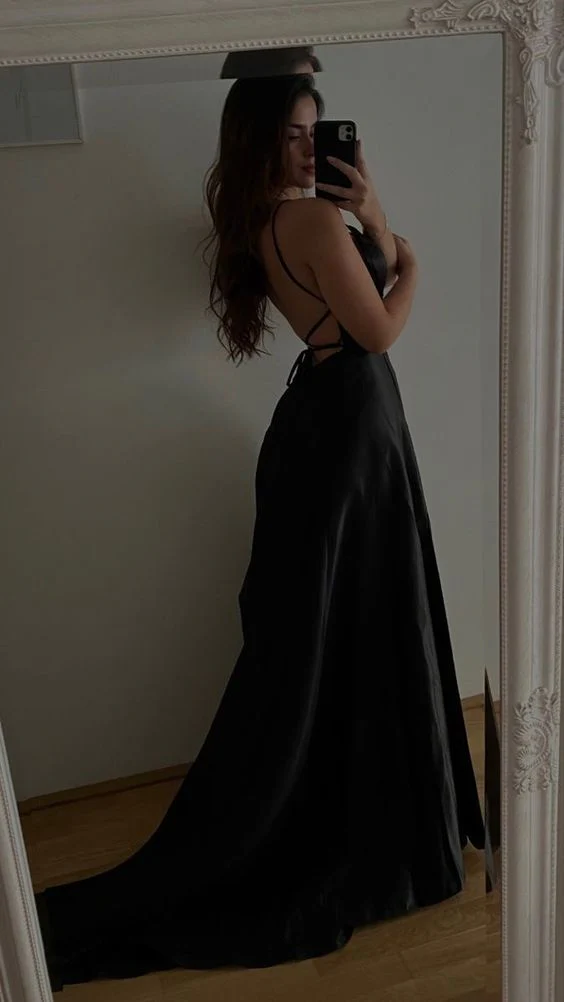 A line Spaghetti Straps Black Long Prom Dress SP835