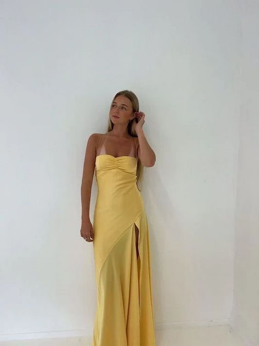 Spaghetti Straps Yellow Mermaid Long Party Dress  Prom Dress With Slit SP79