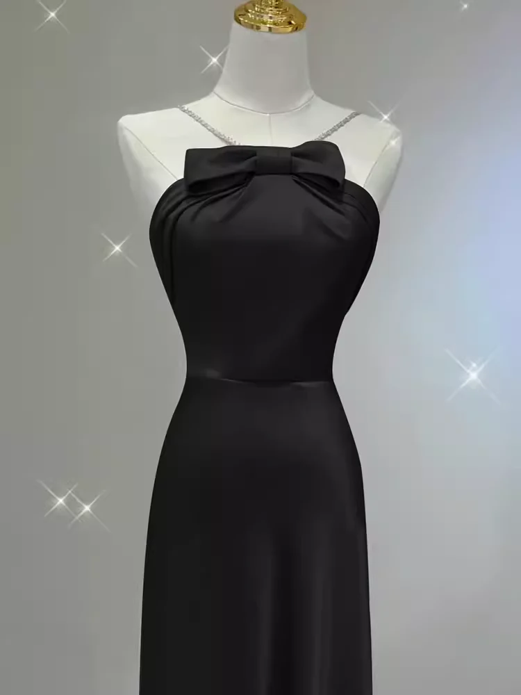 Spaghetti Straps A line Black Satin Long Prom Dress SP848