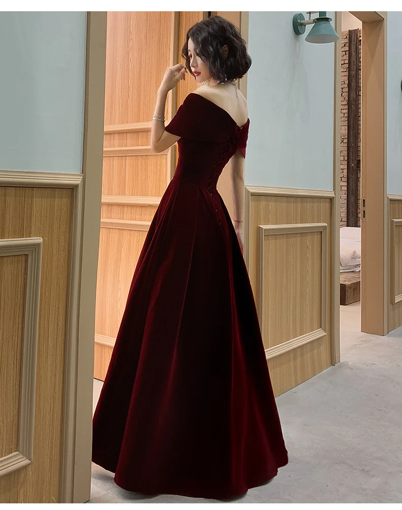 Dark Red Velvet Off Should Erevening Dress A-Line Long Prom Dress SP24