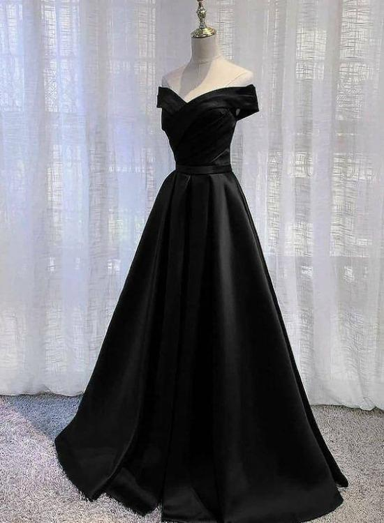 Off Shoulder  A Line  Long Prom Dress Black Erevening Dress SP25