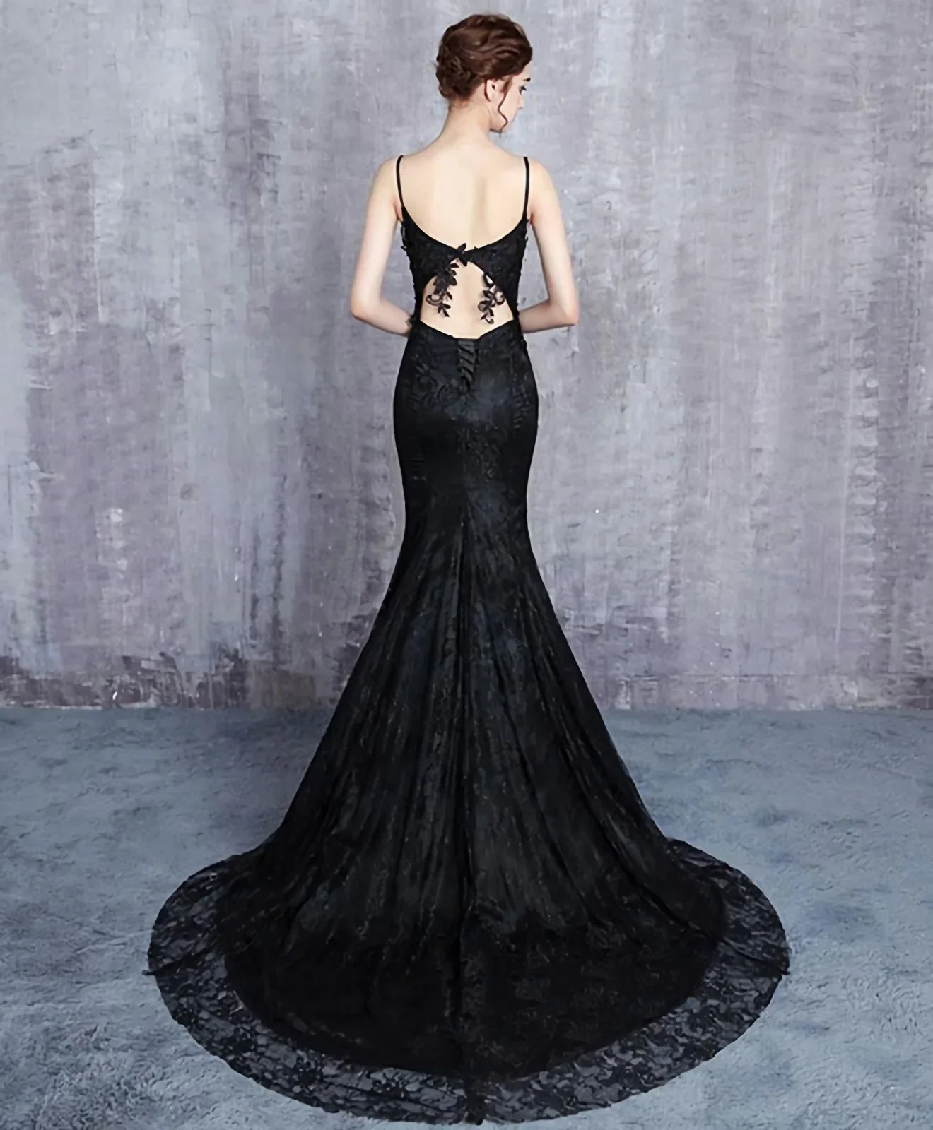 Spaghetti Straps Mermaid Black Embroidered Long Prom Dress V Neck Evening Dress SP35