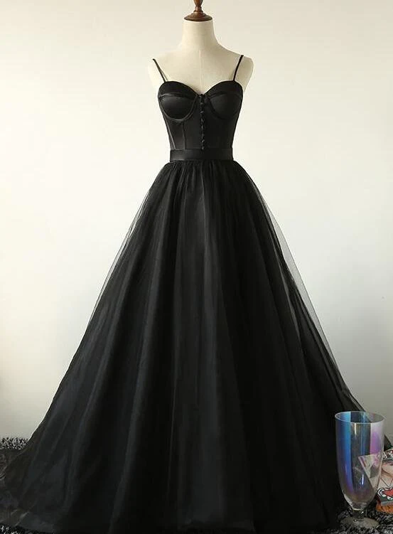 Spaghetti Straps Black Long Prom Dress A Line Erevening Dress SP26