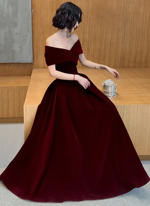 Dark Red Velvet Off Should Erevening Dress A-Line Long Prom Dress SP24