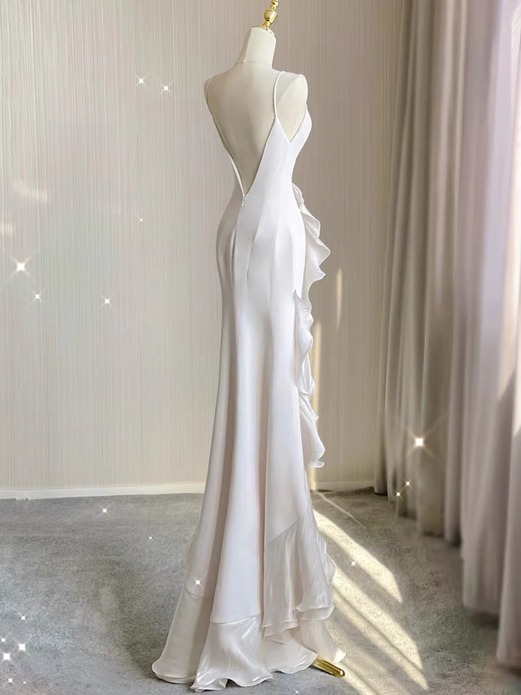 Spaghetti Straps Mermaid Ruffle White Wedding Dress Long Prom Dress SP387