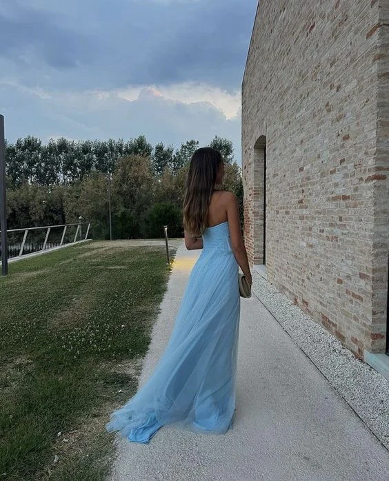 A Line Strapless Light Blue Long Prom Dresses With Slit SP477