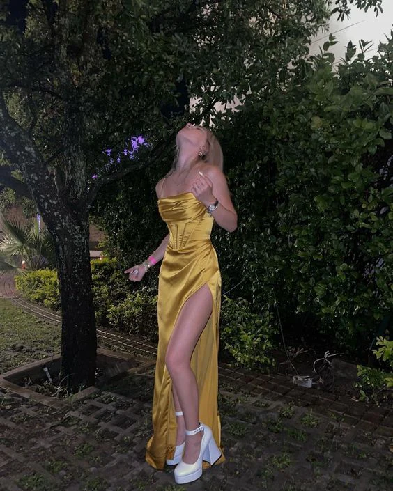 Yellow Mermaid Satin Evening Party Dress Long Prom Dresses With Slit SP475