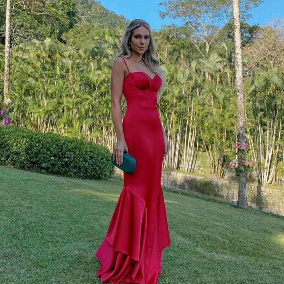 Spaghetti Straps Red Mermaid Satin Long Prom Dress SP229