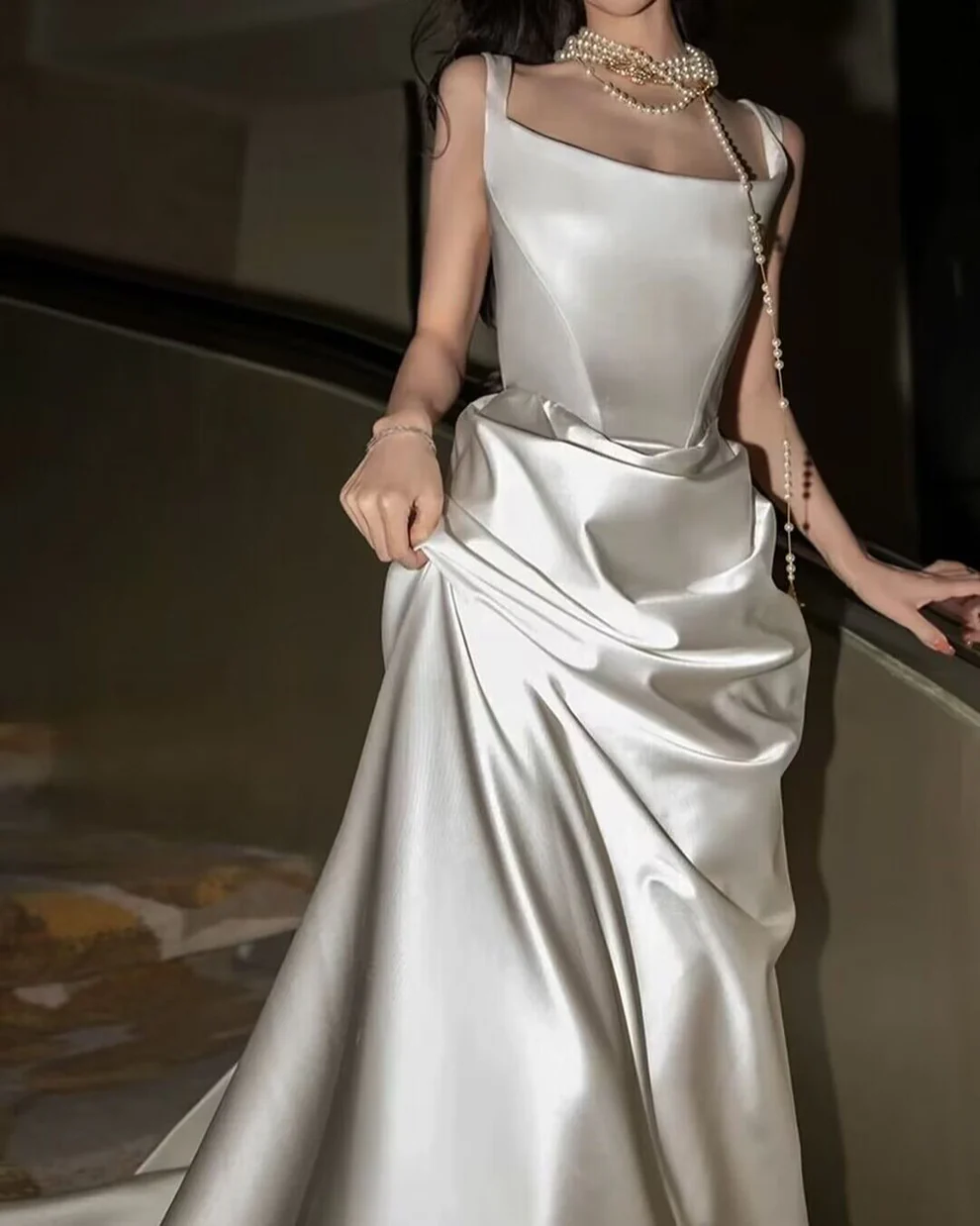 Straps French Style White Satin A Line Elegant Prom Dress SP195