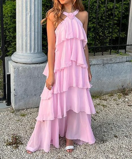 Pink A Line Tiered Long Prom Dress Backless Formal Party Dress SP577