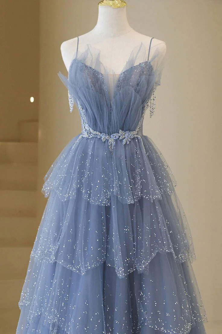 Spaghetti Straps A Line Layered Blue Long Prom Dress Tulle Shiny Beaded Birthday Party Gown SP464