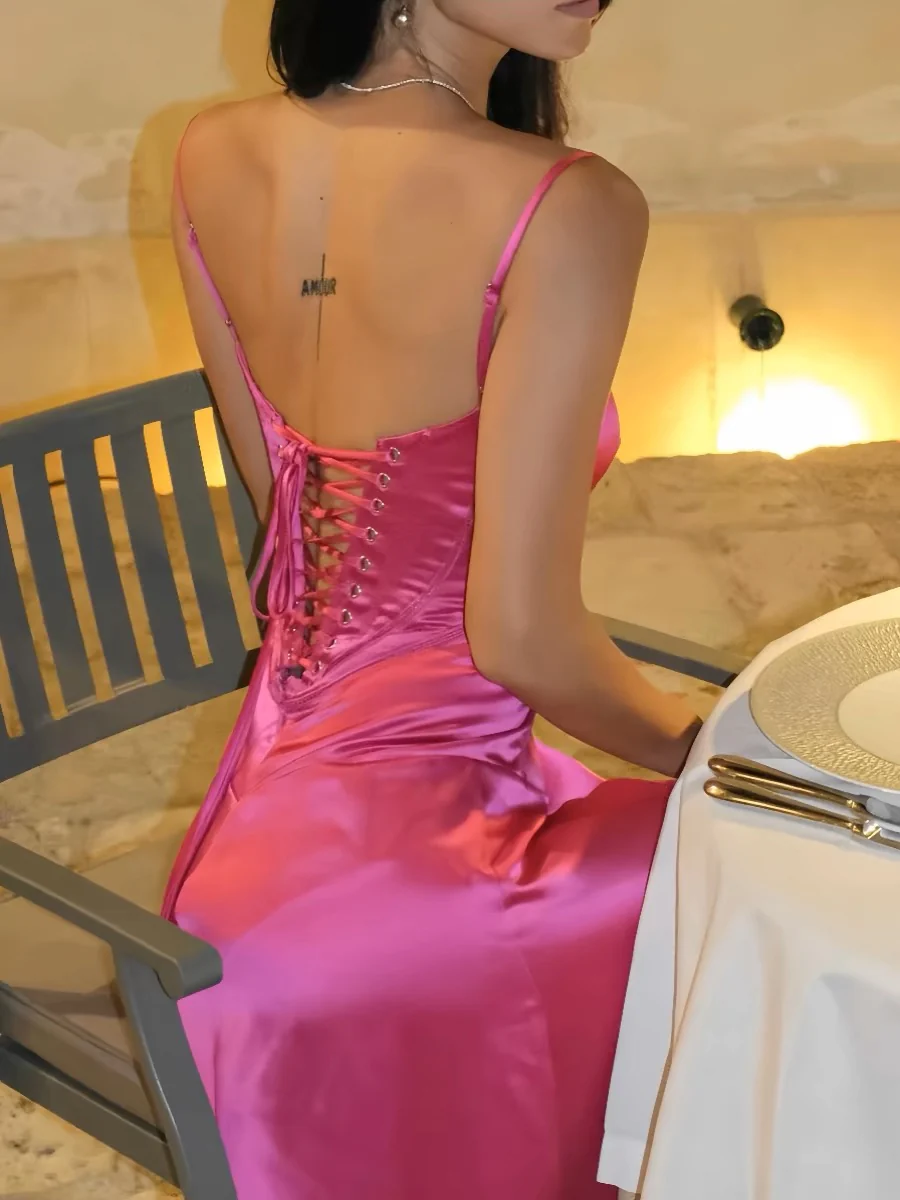 Spaghetti Straps Hot Pink A Line Satin Long Prom Dress SP394