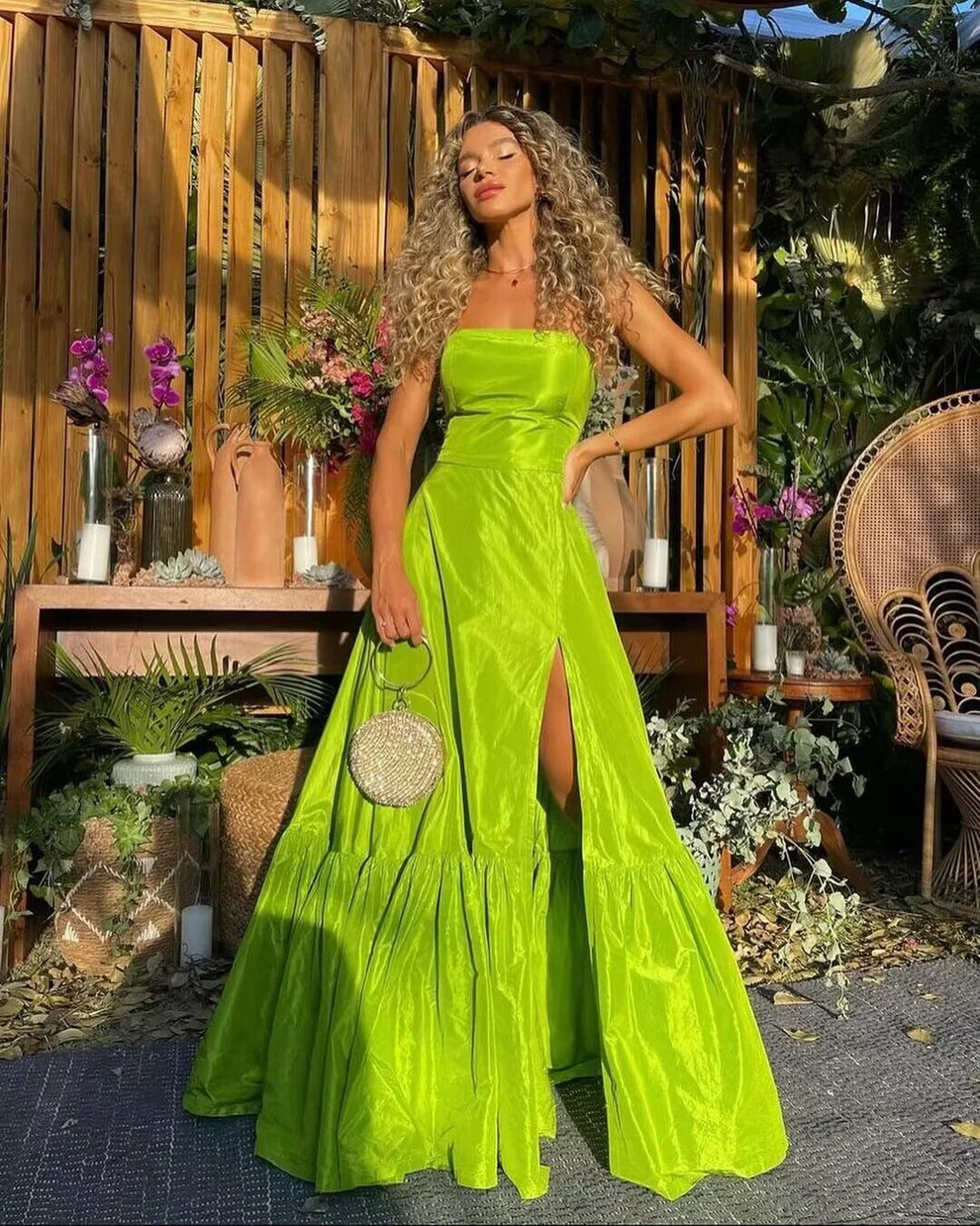 Strapless  Evening Dress Lemon Green Long Prom Dress With Slit SP269