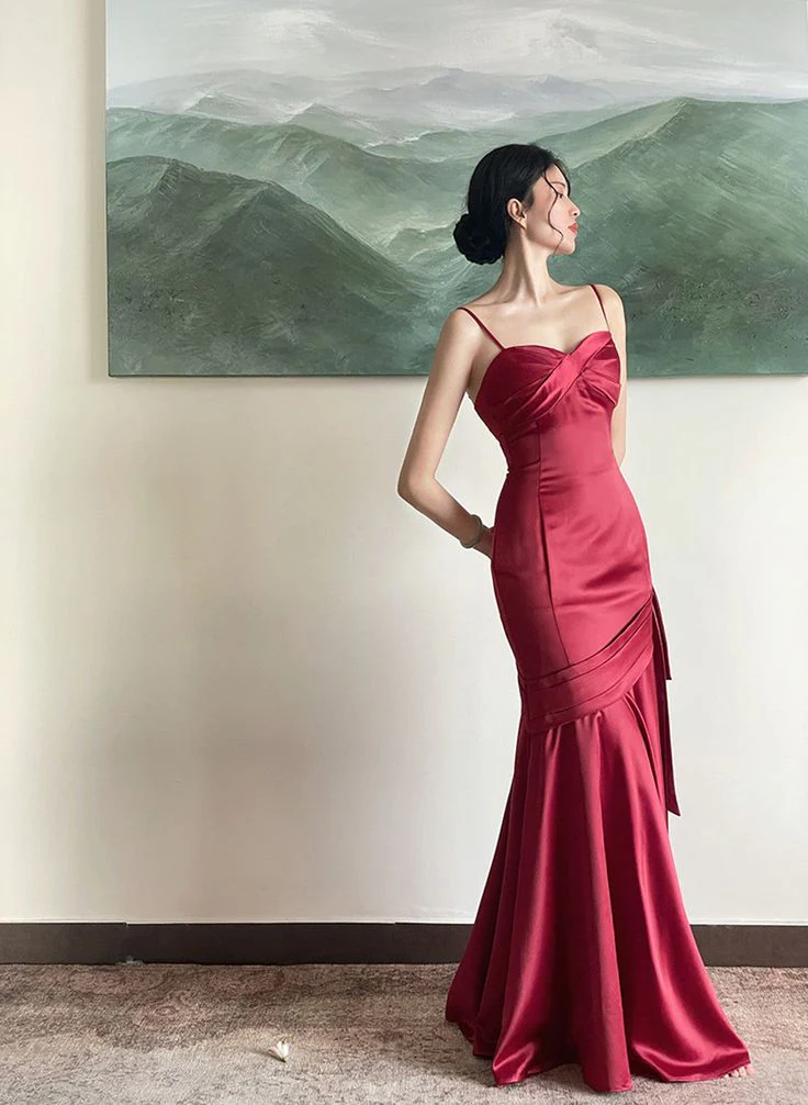 Spaghetti Straps Evening Dress Red Mermaid Long Prom Dresses SP318