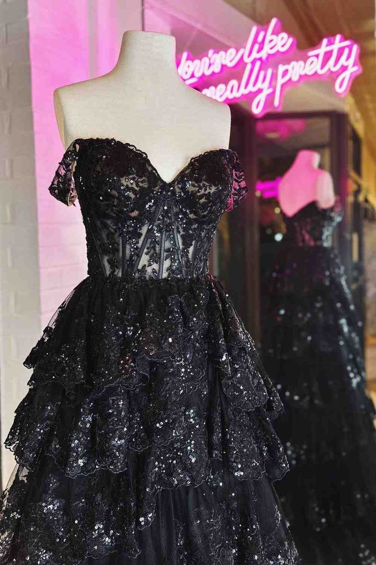 Off The Shoulder Black Tiered Long Prom Dress SP824