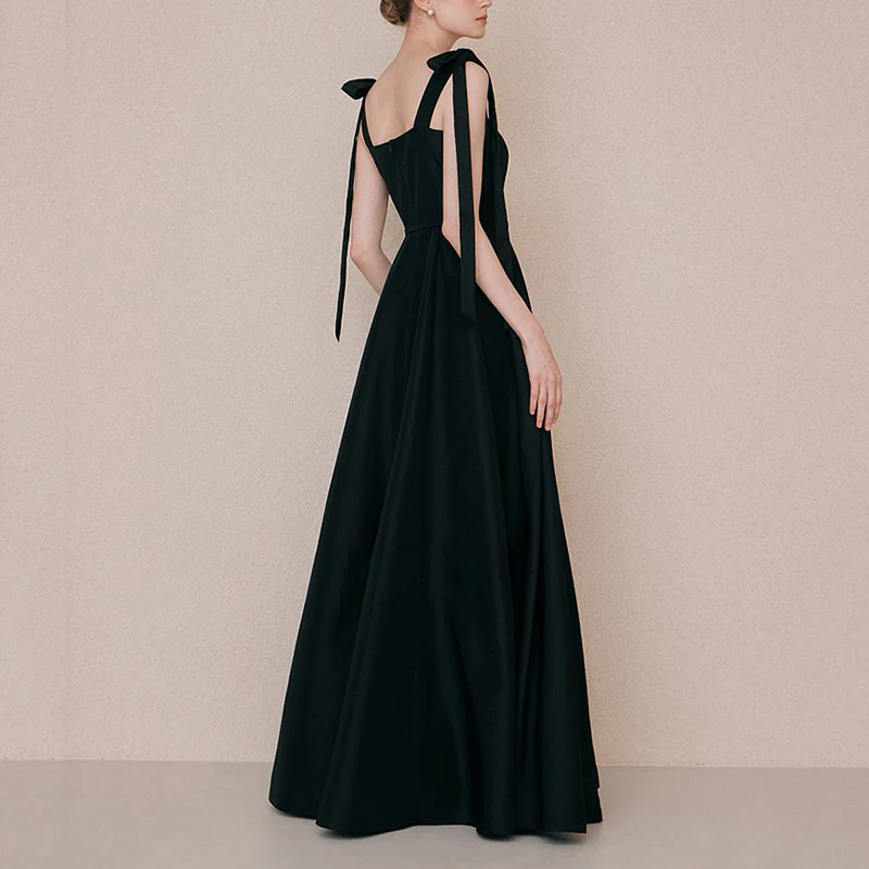 A Line Satin Black Formal Dress French Style Evening Dress SP571
