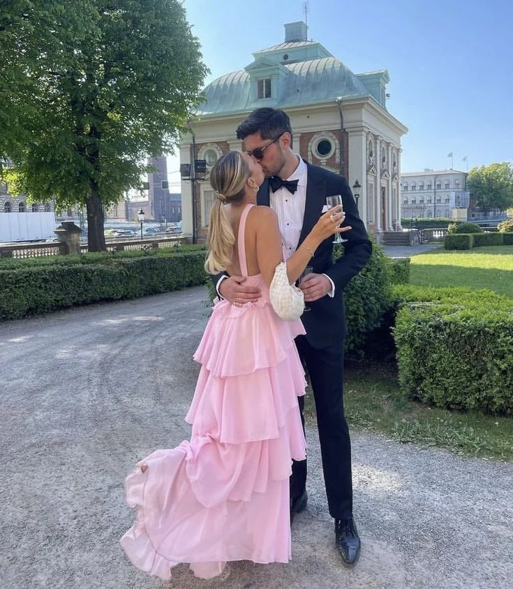 Pink A Line Tiered Long Prom Dress Backless Formal Party Dress SP577